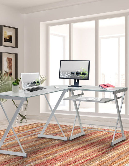 Load image into Gallery viewer, Techni Mobili L-Shaped Tempered Glass Top Computer Desk with Pull Out Keyboard Panel, Clear by Level Up Desks
