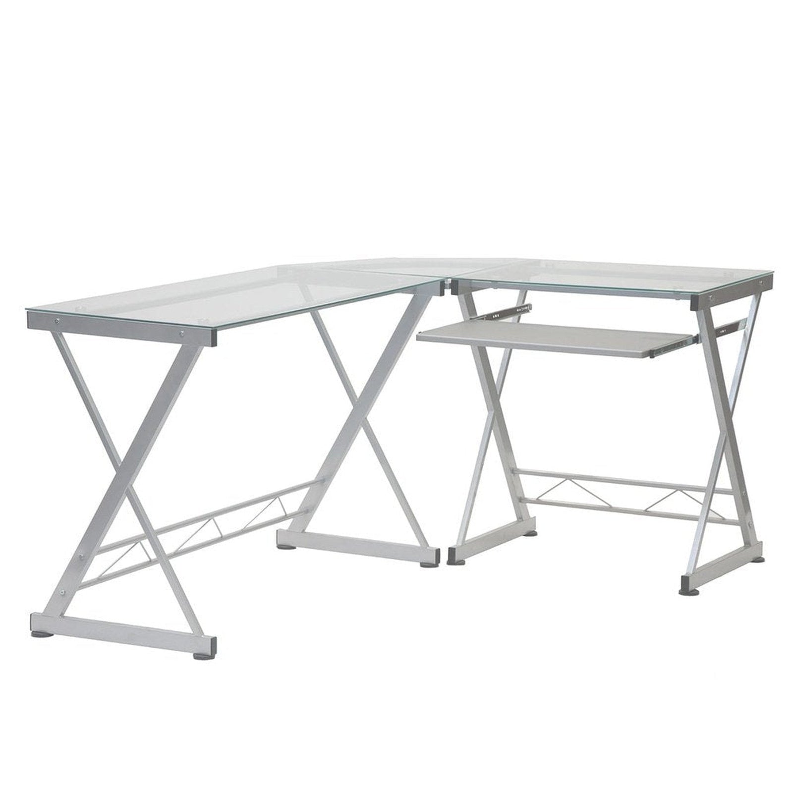 Techni Mobili L-Shaped Tempered Glass Top Computer Desk with Pull Out Keyboard Panel, Clear by Level Up Desks