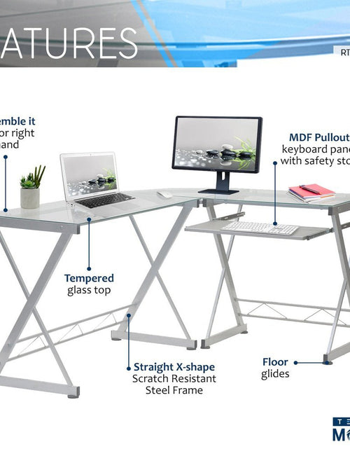 Load image into Gallery viewer, Techni Mobili L-Shaped Tempered Glass Top Computer Desk with Pull Out Keyboard Panel, Clear by Level Up Desks
