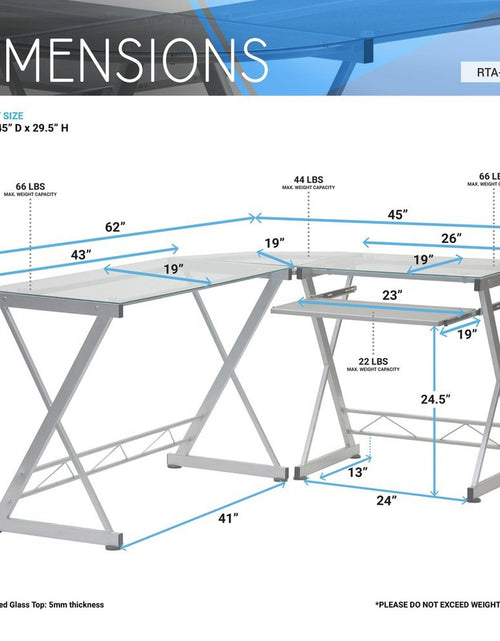 Load image into Gallery viewer, Techni Mobili L-Shaped Tempered Glass Top Computer Desk with Pull Out Keyboard Panel, Clear by Level Up Desks
