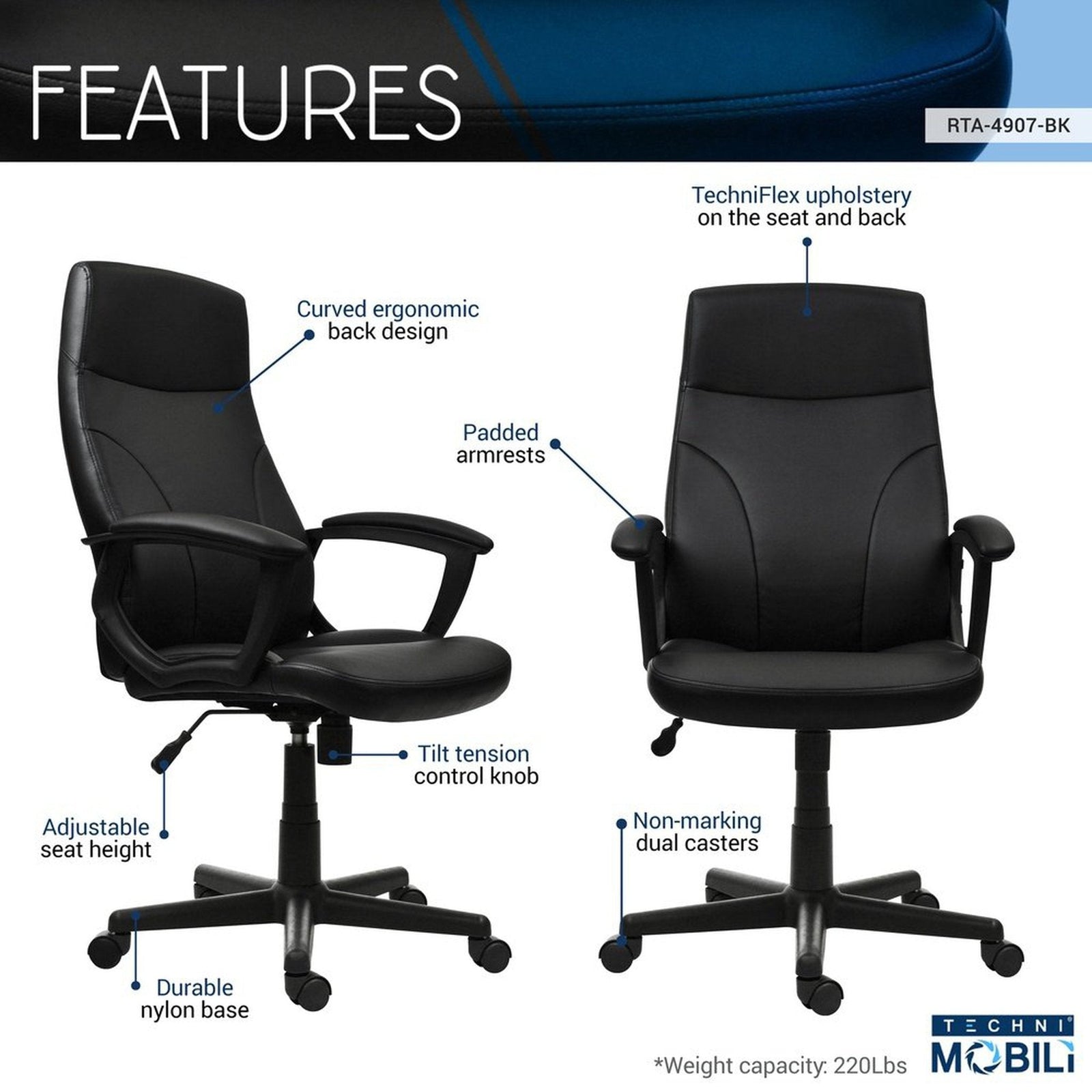 Techni Mobili Medium Back Executive Office Chair, Black by Level Up Desks
