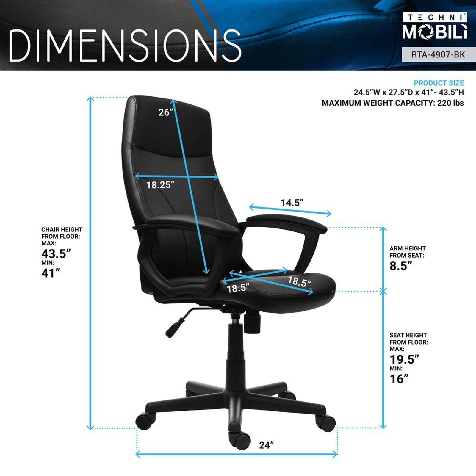Techni Mobili Medium Back Executive Office Chair, Black by Level Up Desks