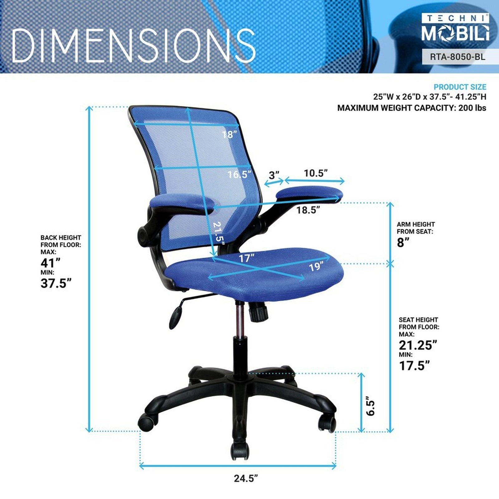 Techni Mobili Mesh Task Office Chair with Flip Up Arms, Blue by Level Up Desks