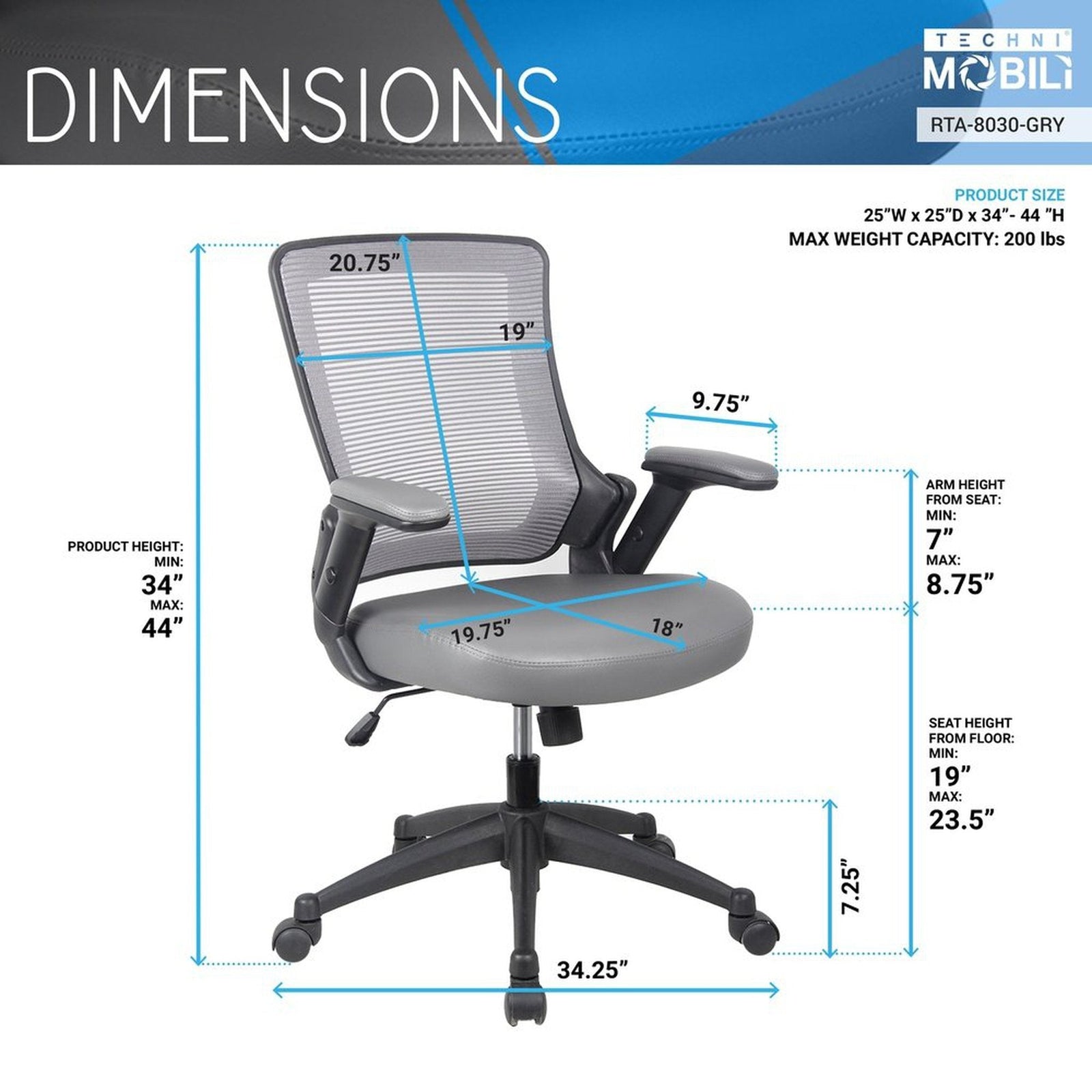 Techni Mobili Mid-Back Mesh Task Office Chair with Height Adjustable Arms by Level Up Desks