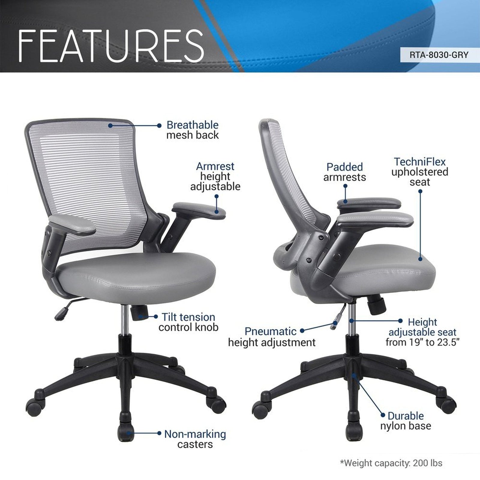 Techni Mobili Mid-Back Mesh Task Office Chair with Height Adjustable Arms by Level Up Desks