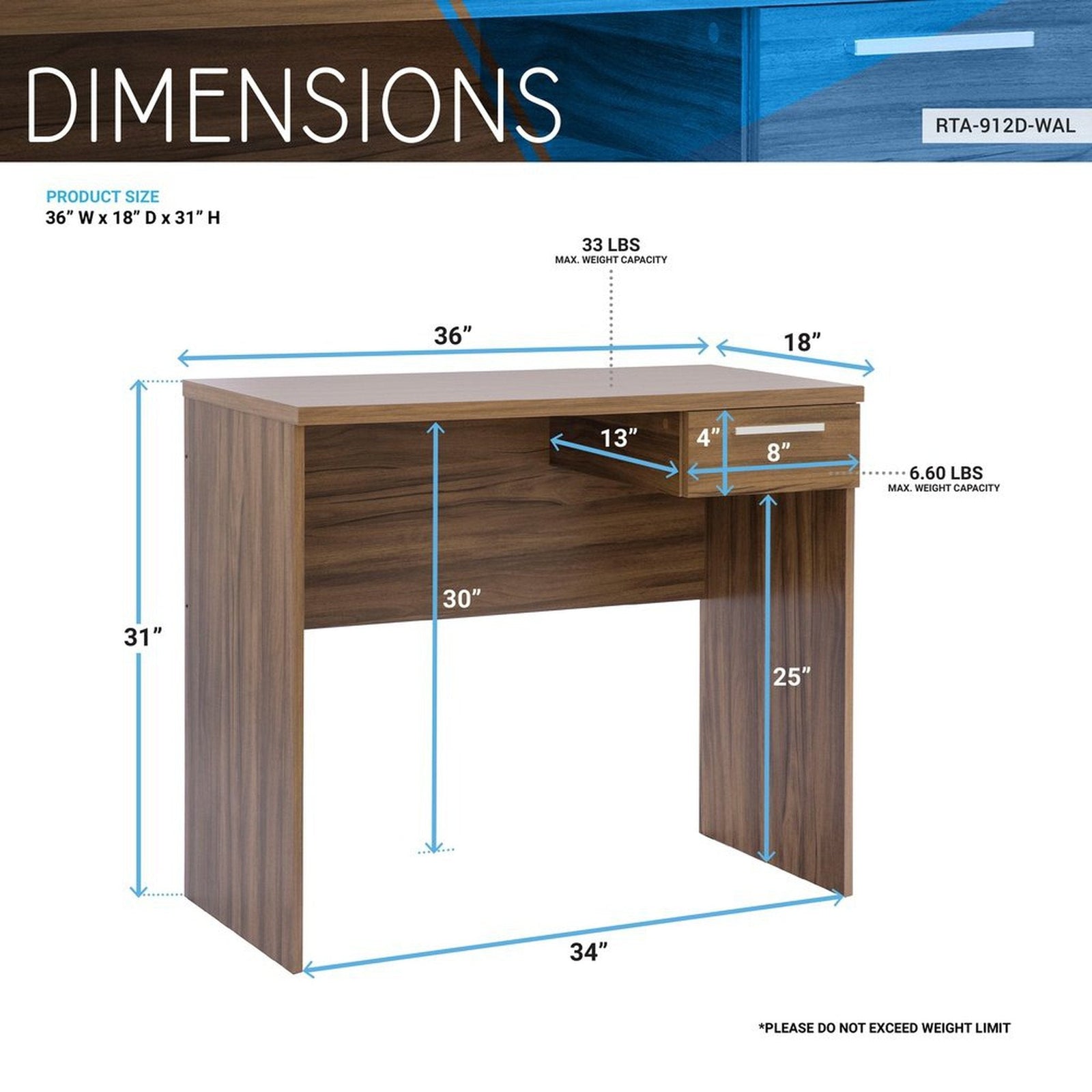 Techni Mobili Modern Computer Writing Desk with Drawer, Walnut by Level Up Desks