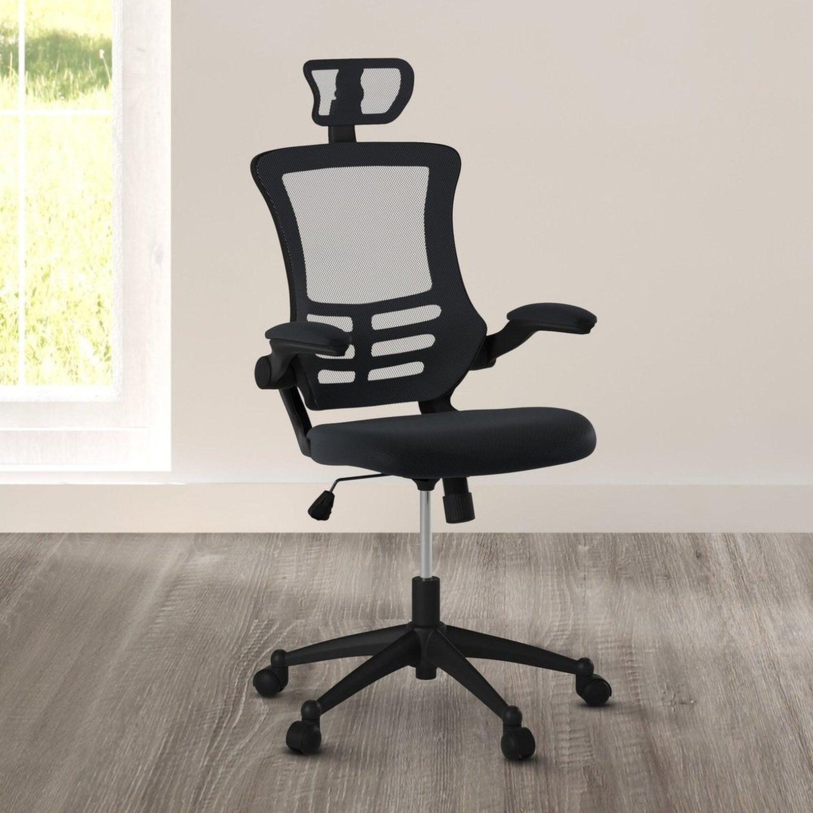 Techni Mobili Modern High-Back Mesh Executive Office Chair with Headrest and Flip-Up Arms, Black by Level Up Desks