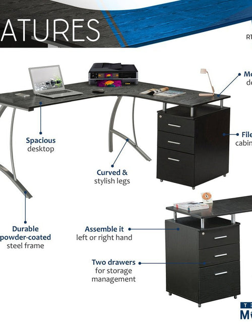 Load image into Gallery viewer, Techni Mobili Modern L- Shaped Computer Desk with File Cabinet and Storage, Espresso by Level Up Desks
