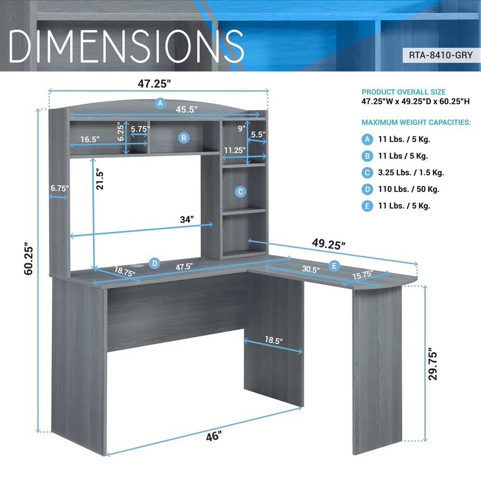 Techni Mobili Modern L-Shaped Desk with Hutch, Grey by Level Up Desks