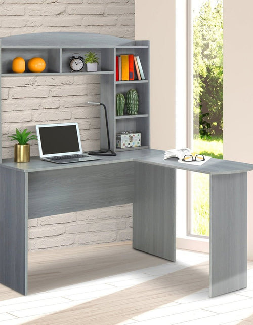 Load image into Gallery viewer, Techni Mobili Modern L-Shaped Desk with Hutch, Grey by Level Up Desks
