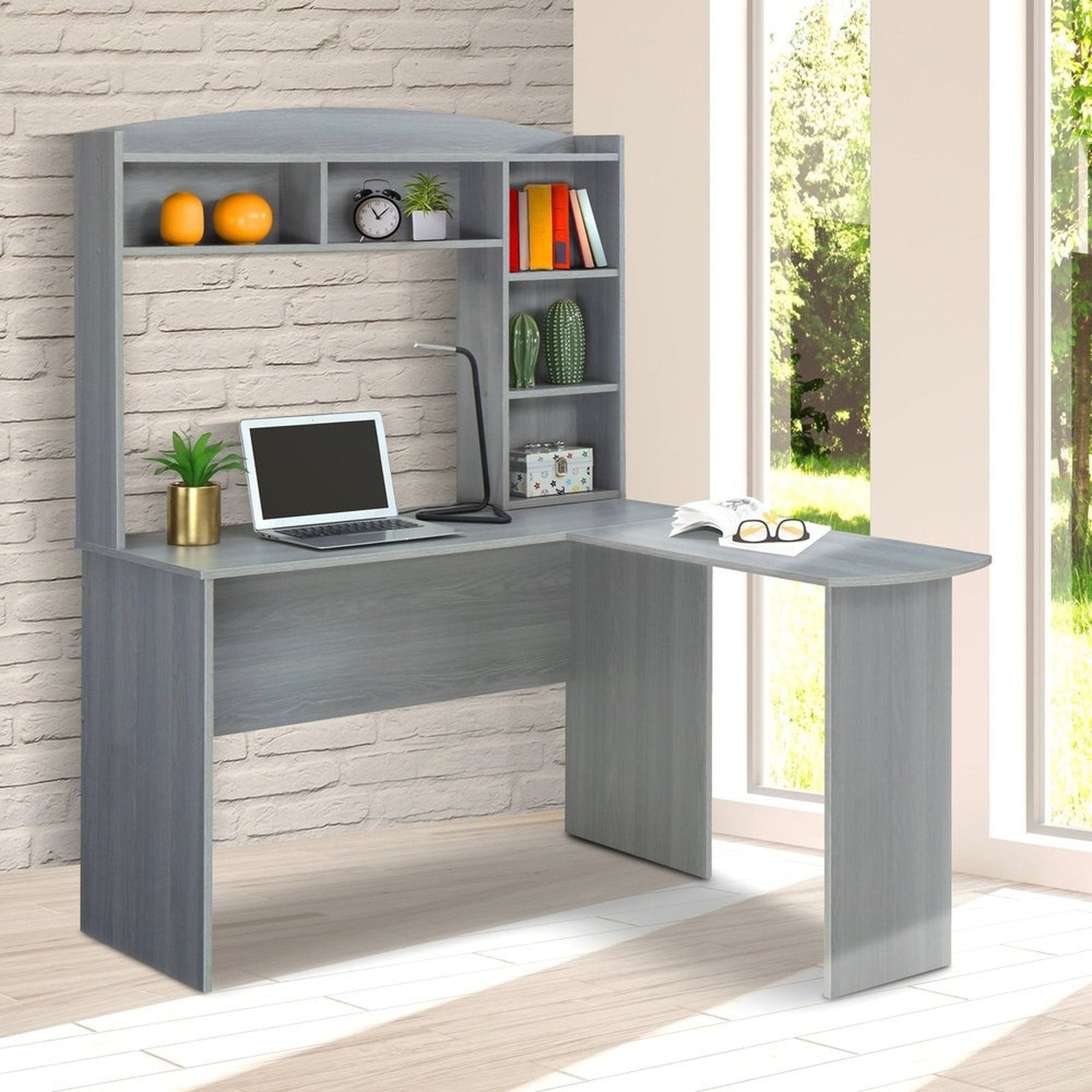Techni Mobili Modern L-Shaped Desk with Hutch, Grey by Level Up Desks