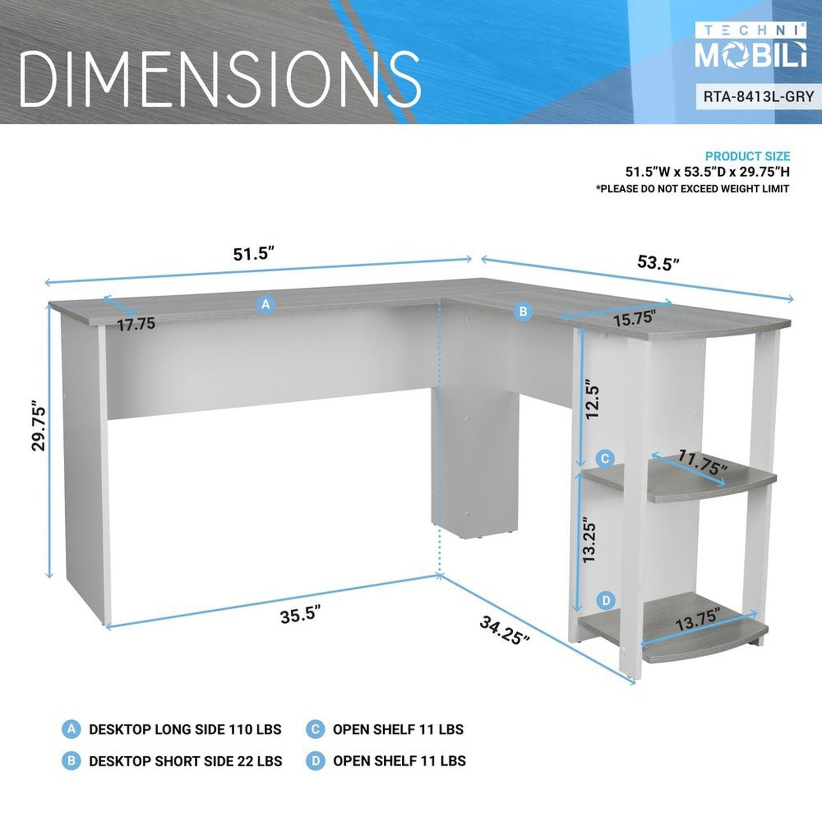 Techni Mobili Modern L-Shaped Desk with Side Shelves, Grey by Level Up Desks