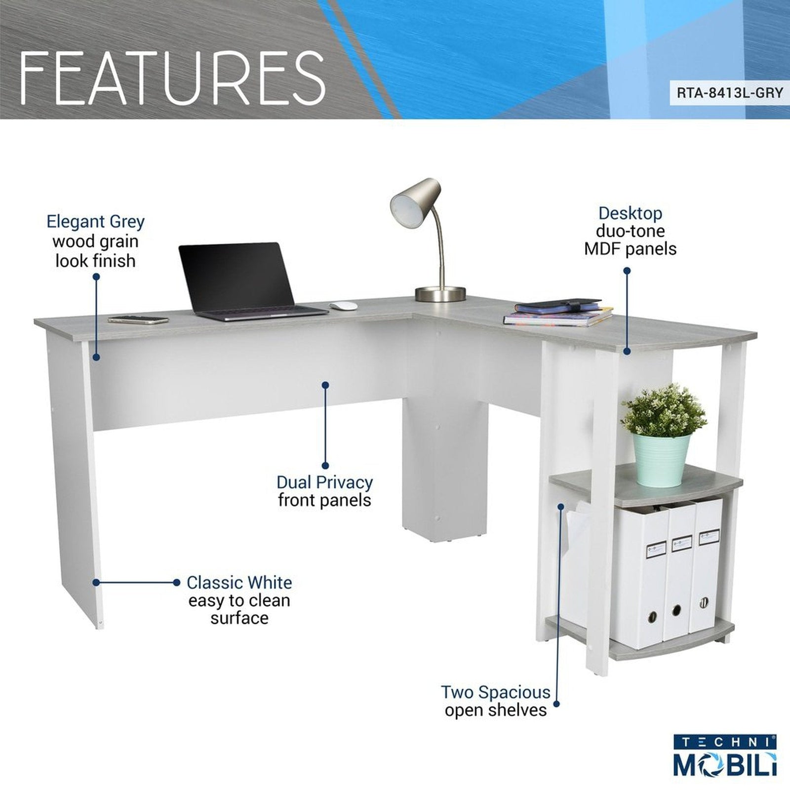 Techni Mobili Modern L-Shaped Desk with Side Shelves, Grey by Level Up Desks