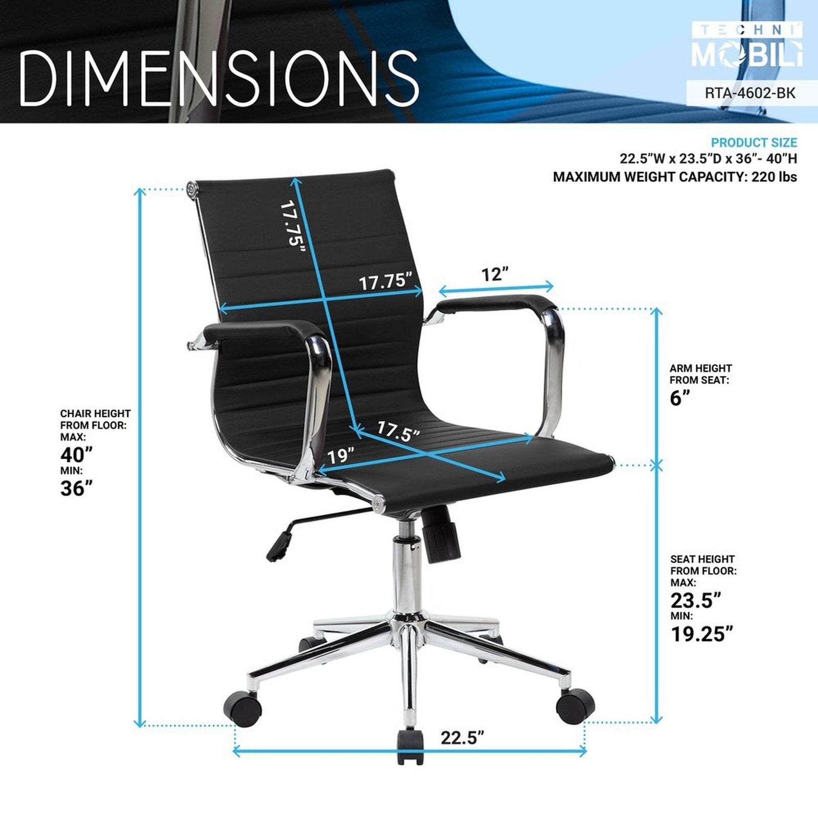 Techni Mobili Modern Medium Back Executive Office Chair, Black by Level Up Desks