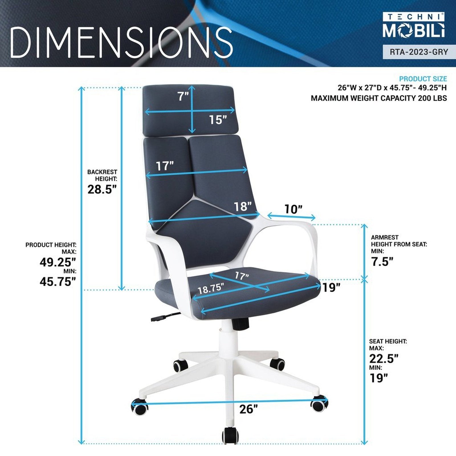 Techni Mobili Modern Studio Office Chair, Grey/White by Level Up Desks
