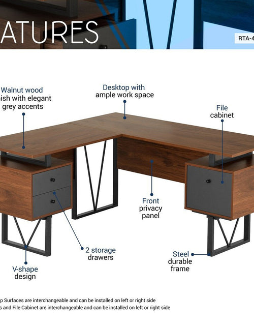 Load image into Gallery viewer, Techni Mobili Reversible L-Shape Computer Desk with Drawers and File Cabinet, Walnut by Level Up Desks
