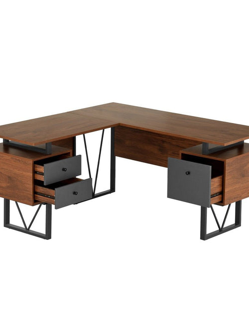 Load image into Gallery viewer, Techni Mobili Reversible L-Shape Computer Desk with Drawers and File Cabinet, Walnut by Level Up Desks
