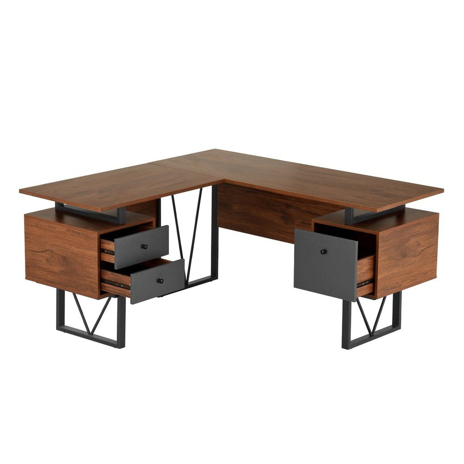 Techni Mobili Reversible L-Shape Computer Desk with Drawers and File Cabinet, Walnut by Level Up Desks