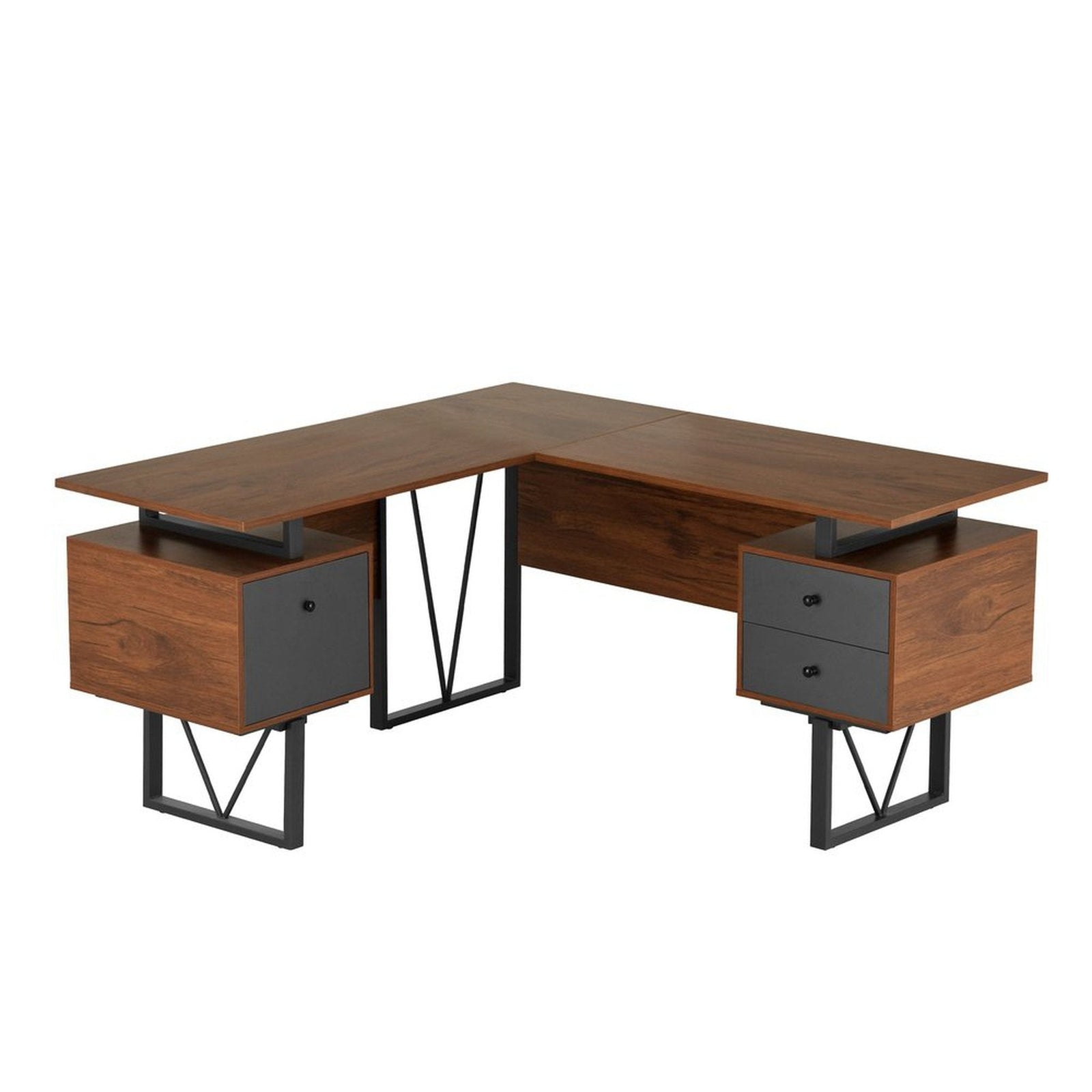 Techni Mobili Reversible L-Shape Computer Desk with Drawers and File Cabinet, Walnut by Level Up Desks
