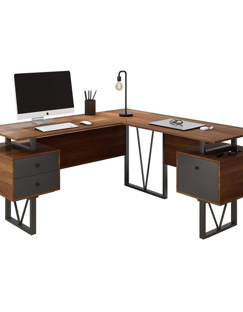 Load image into Gallery viewer, Techni Mobili Reversible L-Shape Computer Desk with Drawers and File Cabinet, Walnut by Level Up Desks
