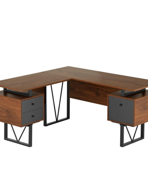 Load image into Gallery viewer, Techni Mobili Reversible L-Shape Computer Desk with Drawers and File Cabinet, Walnut by Level Up Desks
