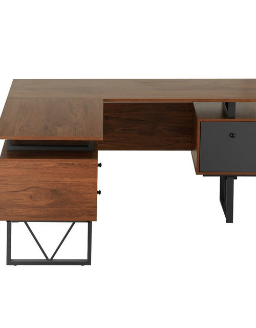 Load image into Gallery viewer, Techni Mobili Reversible L-Shape Computer Desk with Drawers and File Cabinet, Walnut by Level Up Desks
