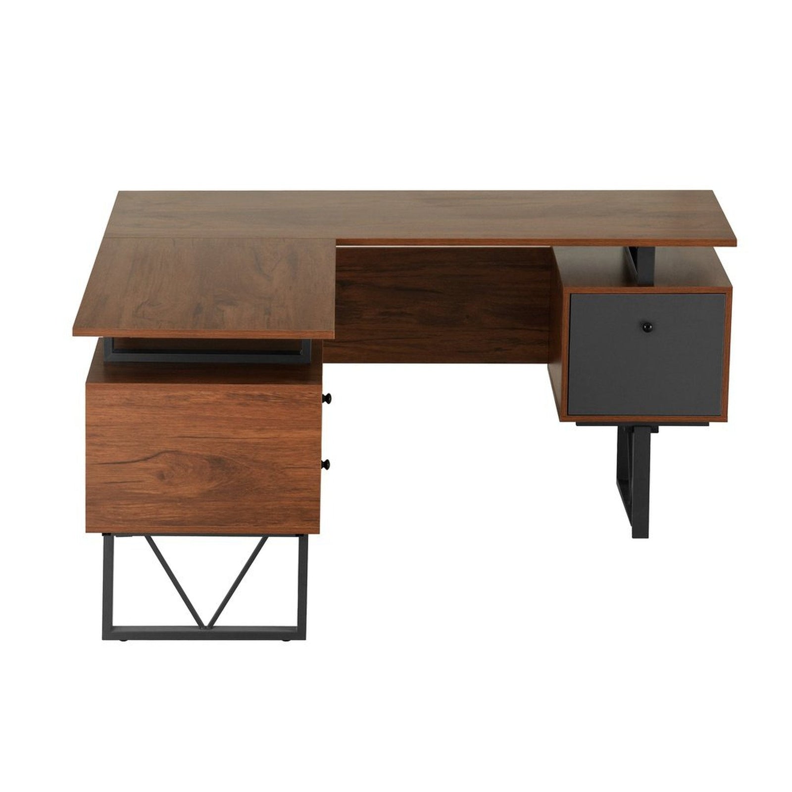 Techni Mobili Reversible L-Shape Computer Desk with Drawers and File Cabinet, Walnut by Level Up Desks