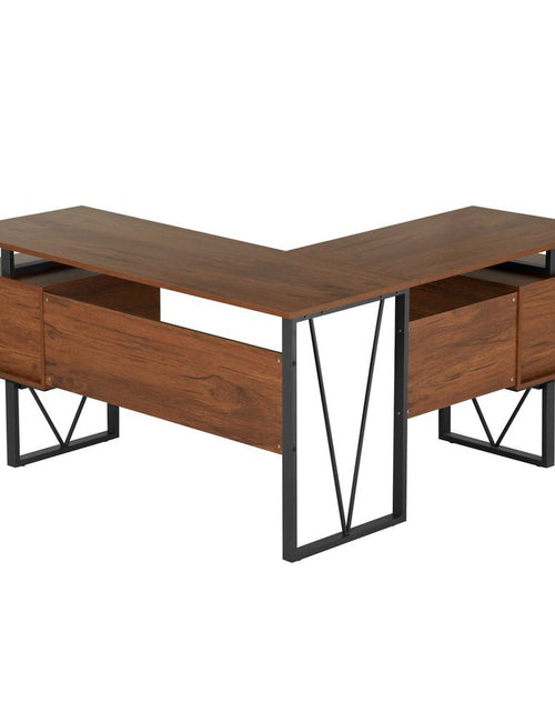 Load image into Gallery viewer, Techni Mobili Reversible L-Shape Computer Desk with Drawers and File Cabinet, Walnut by Level Up Desks
