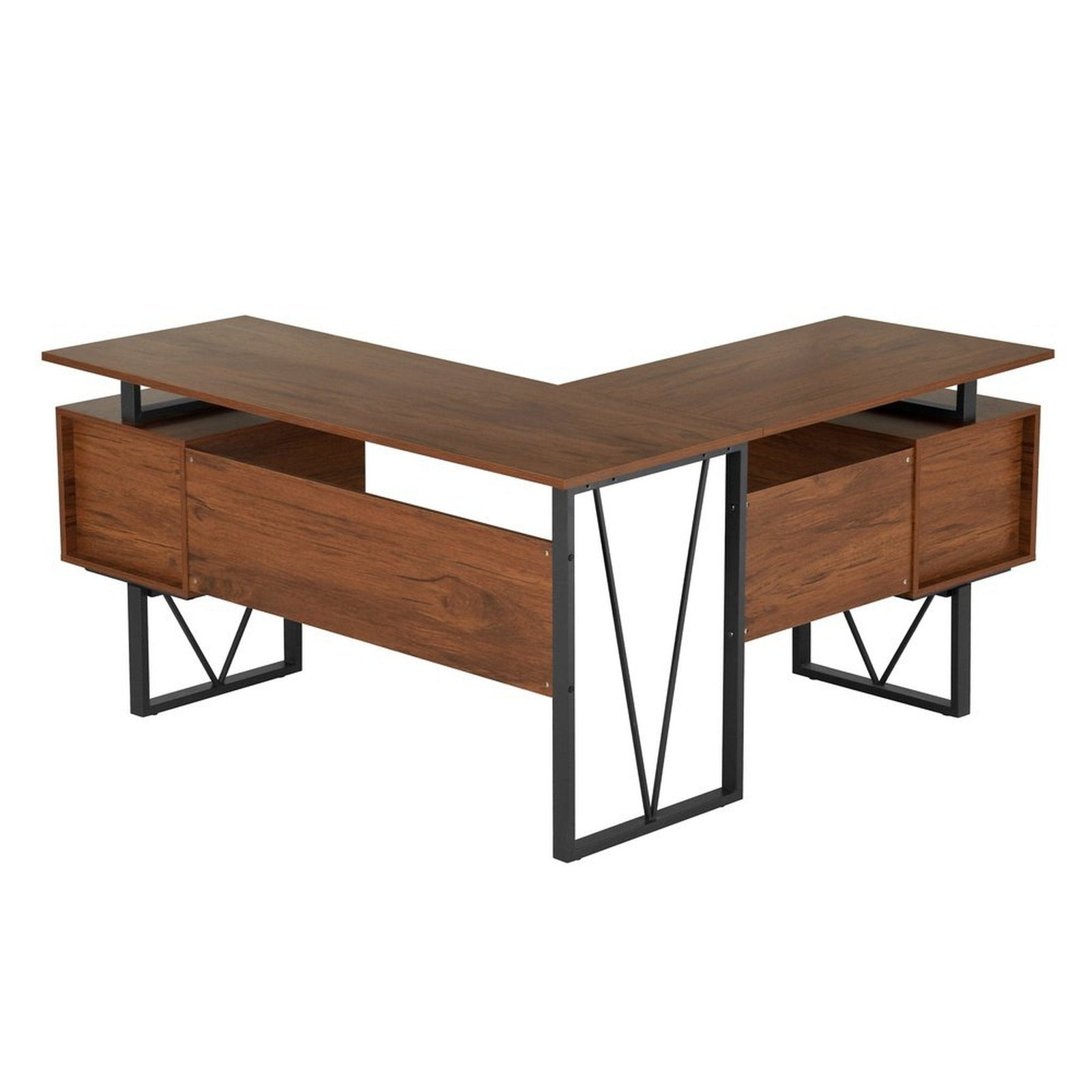 Techni Mobili Reversible L-Shape Computer Desk with Drawers and File Cabinet, Walnut by Level Up Desks