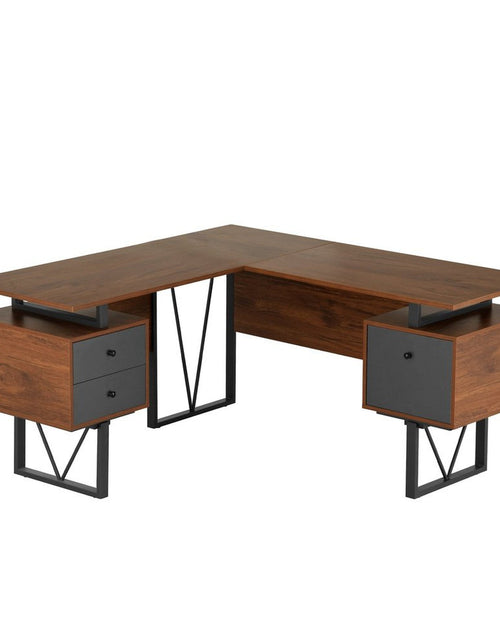 Load image into Gallery viewer, Techni Mobili Reversible L-Shape Computer Desk with Drawers and File Cabinet, Walnut by Level Up Desks

