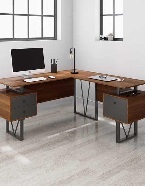 Load image into Gallery viewer, Techni Mobili Reversible L-Shape Computer Desk with Drawers and File Cabinet, Walnut by Level Up Desks
