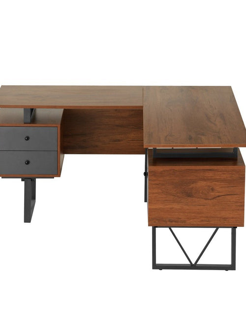 Load image into Gallery viewer, Techni Mobili Reversible L-Shape Computer Desk with Drawers and File Cabinet, Walnut by Level Up Desks
