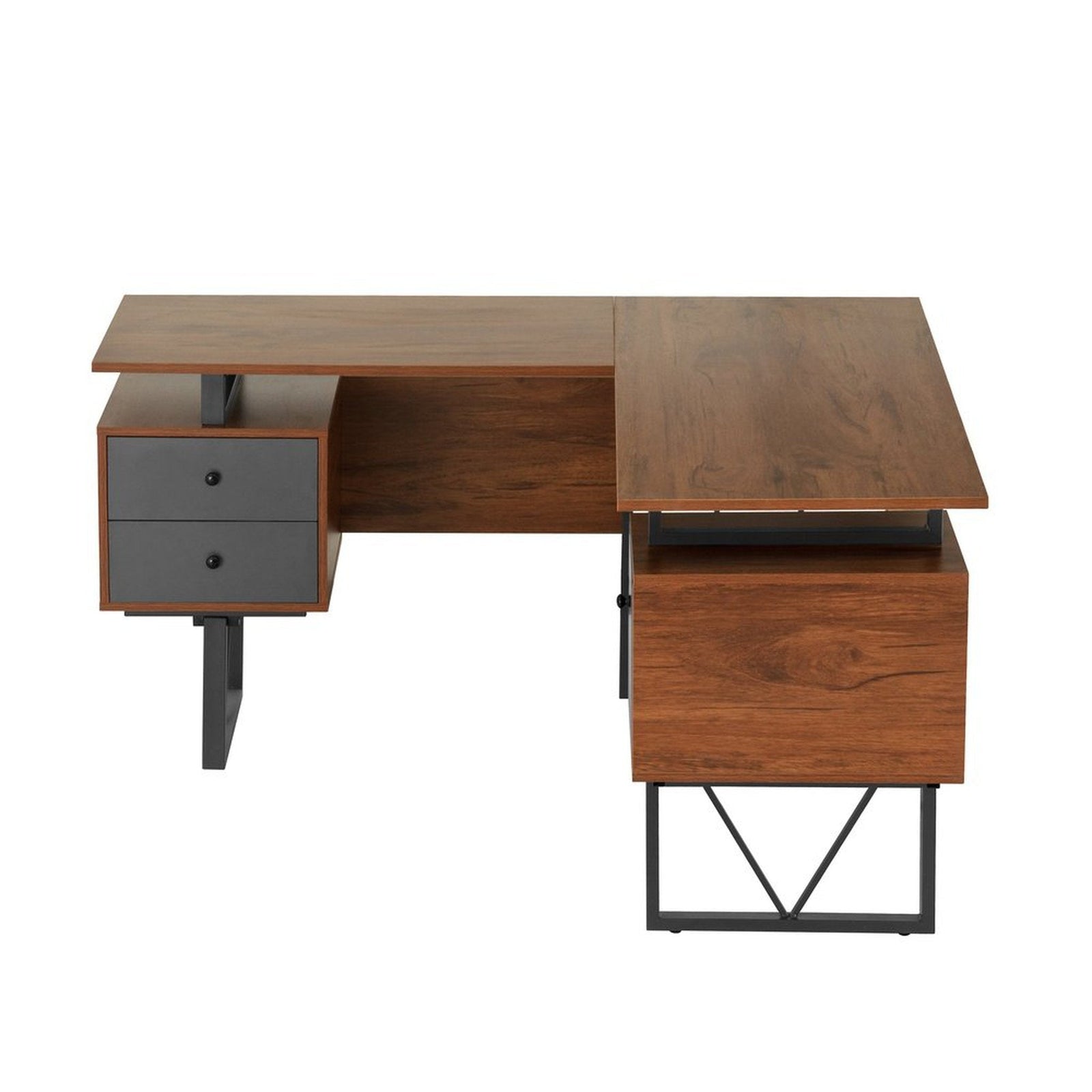 Techni Mobili Reversible L-Shape Computer Desk with Drawers and File Cabinet, Walnut by Level Up Desks