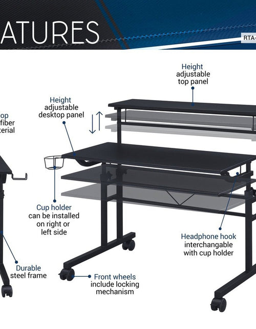 Load image into Gallery viewer, Techni Mobili Rolling Writing Desk with Height Adjustable Desktop and Moveable Shelf, Black by Level Up Desks
