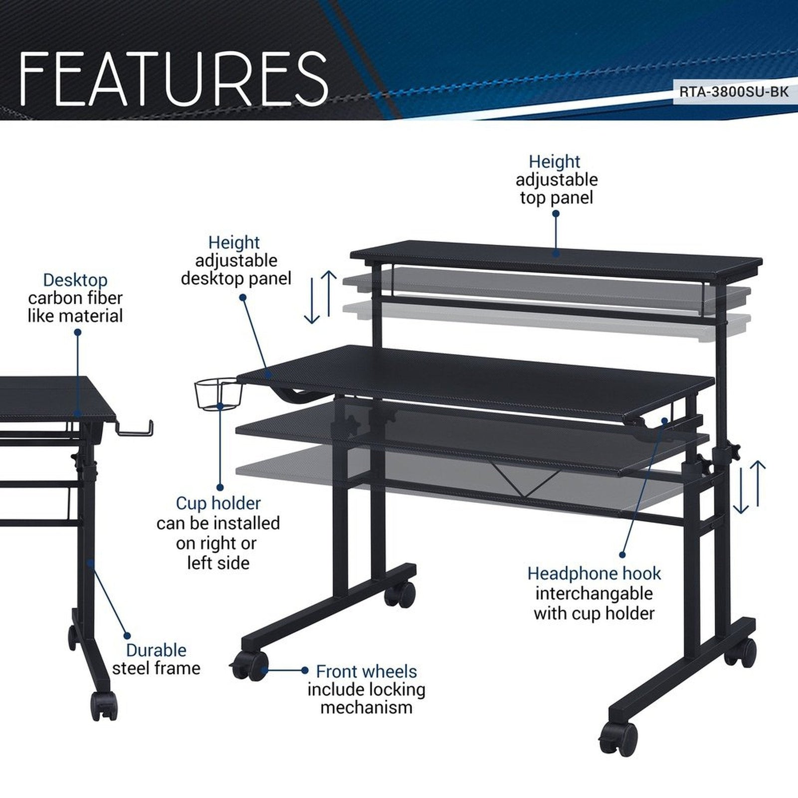 Techni Mobili Rolling Writing Desk with Height Adjustable Desktop and Moveable Shelf, Black by Level Up Desks