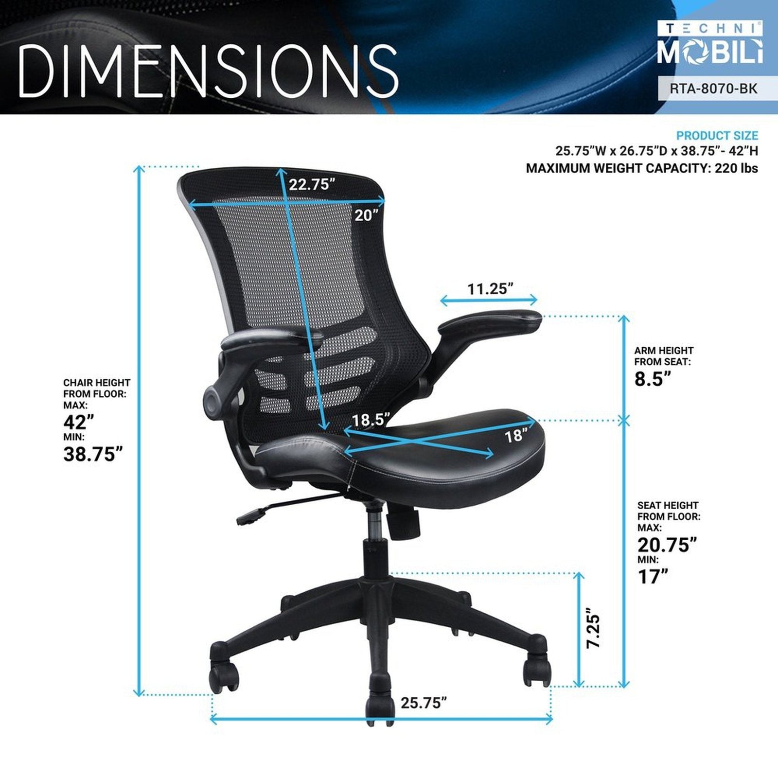 Techni Mobili Stylish Mid-Back Mesh Office Chair with Adjustable Arms, Black by Level Up Desks