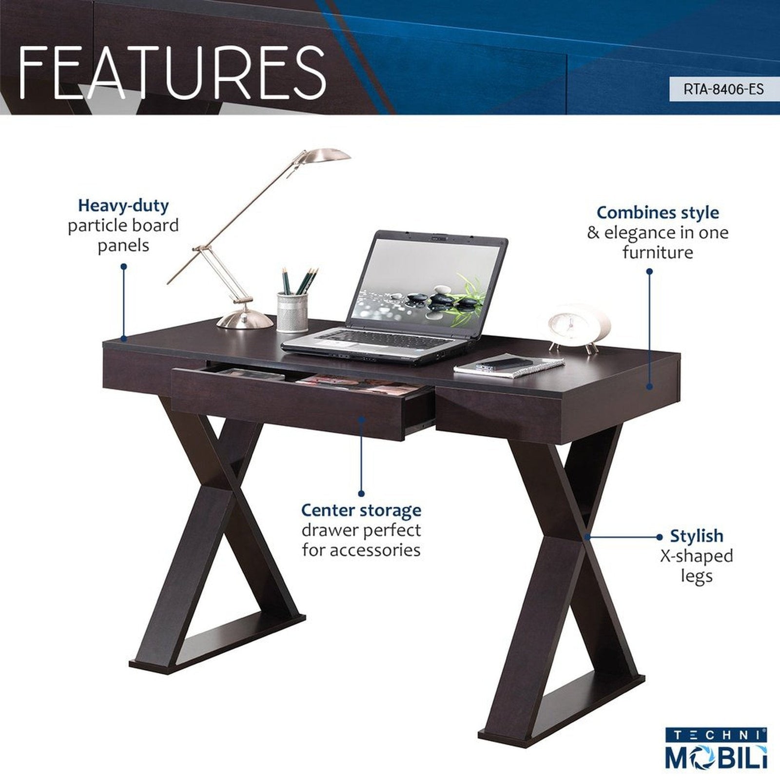 Techni Mobili Trendy Writing Desk with Drawer, Espresso by Level Up Desks