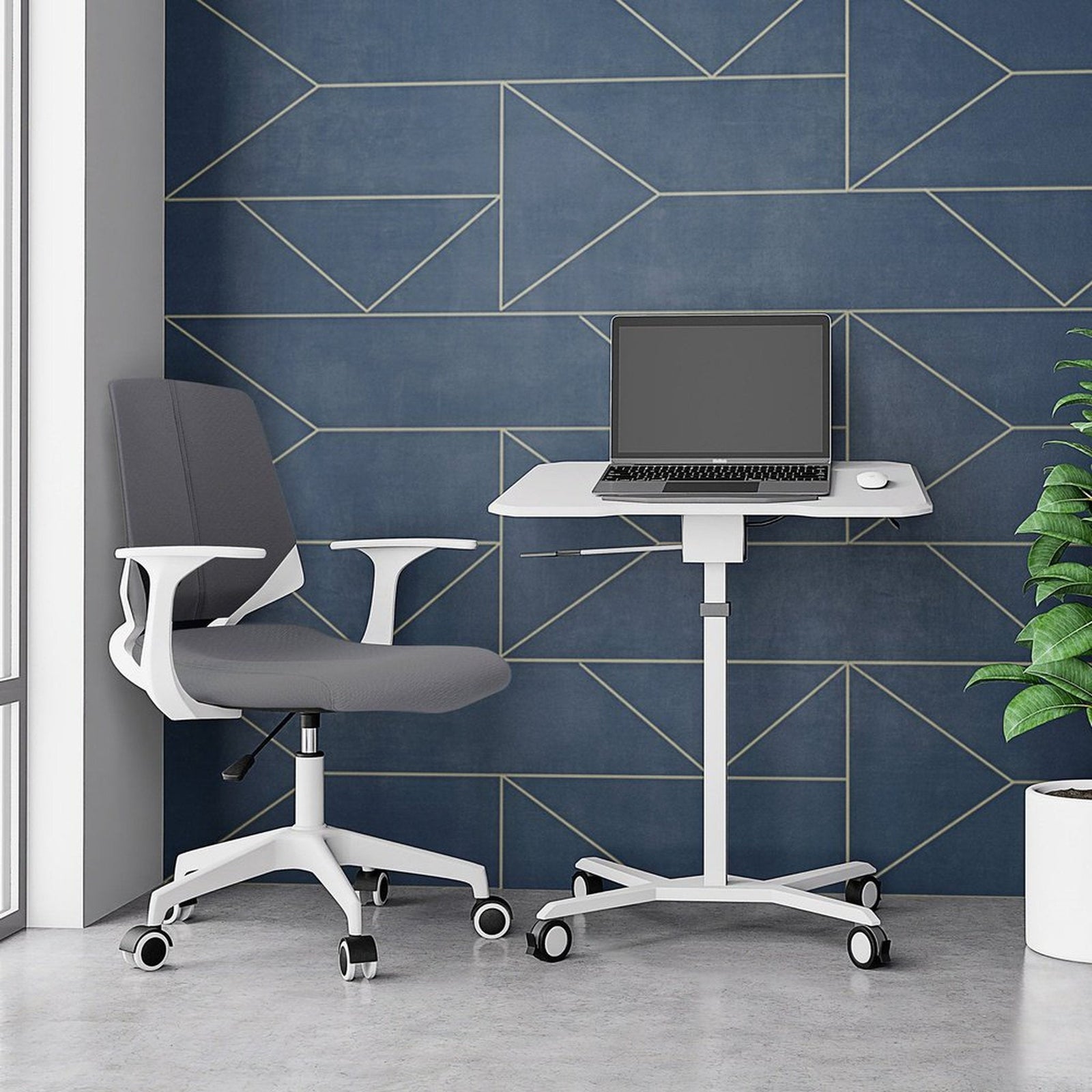 Techni Mobili White Sit to Stand Mobile Laptop Computer Stand with Height Adjustable and Tiltable Tabletop by Level Up Desks