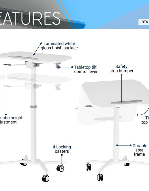 Load image into Gallery viewer, Techni Mobili White Sit to Stand Mobile Laptop Computer Stand with Height Adjustable and Tiltable Tabletop by Level Up Desks
