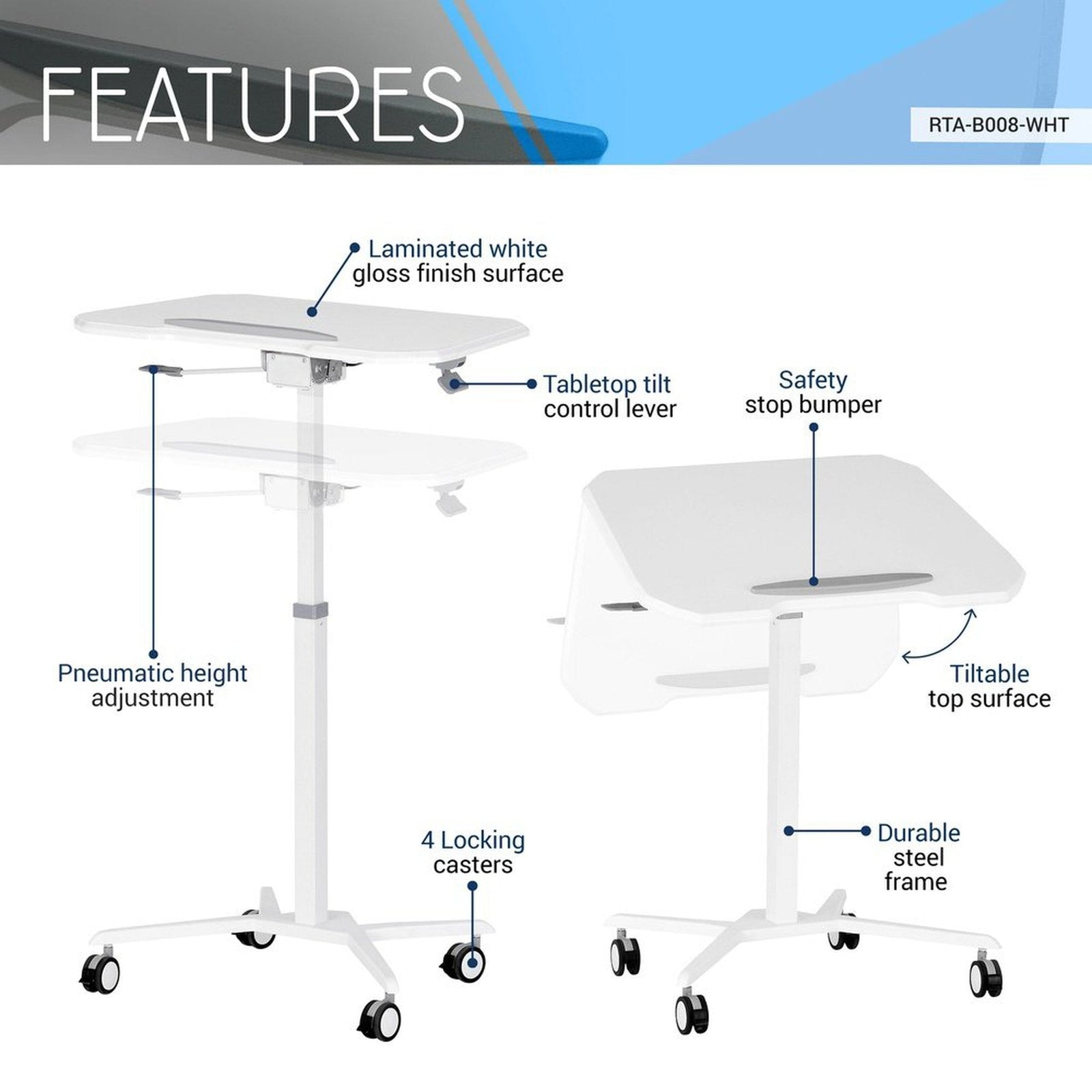 Techni Mobili White Sit to Stand Mobile Laptop Computer Stand with Height Adjustable and Tiltable Tabletop by Level Up Desks
