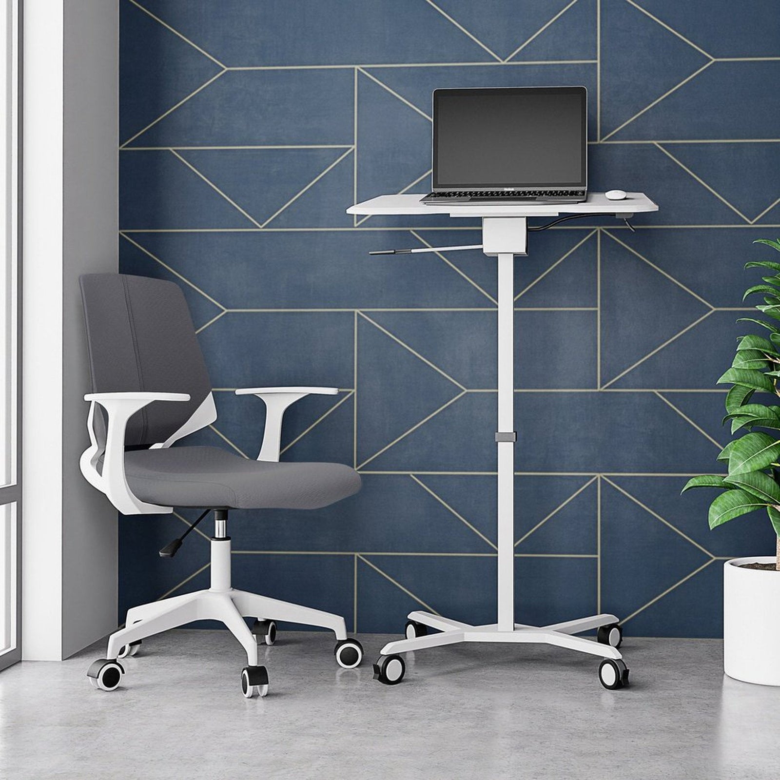 Techni Mobili White Sit to Stand Mobile Laptop Computer Stand with Height Adjustable and Tiltable Tabletop by Level Up Desks