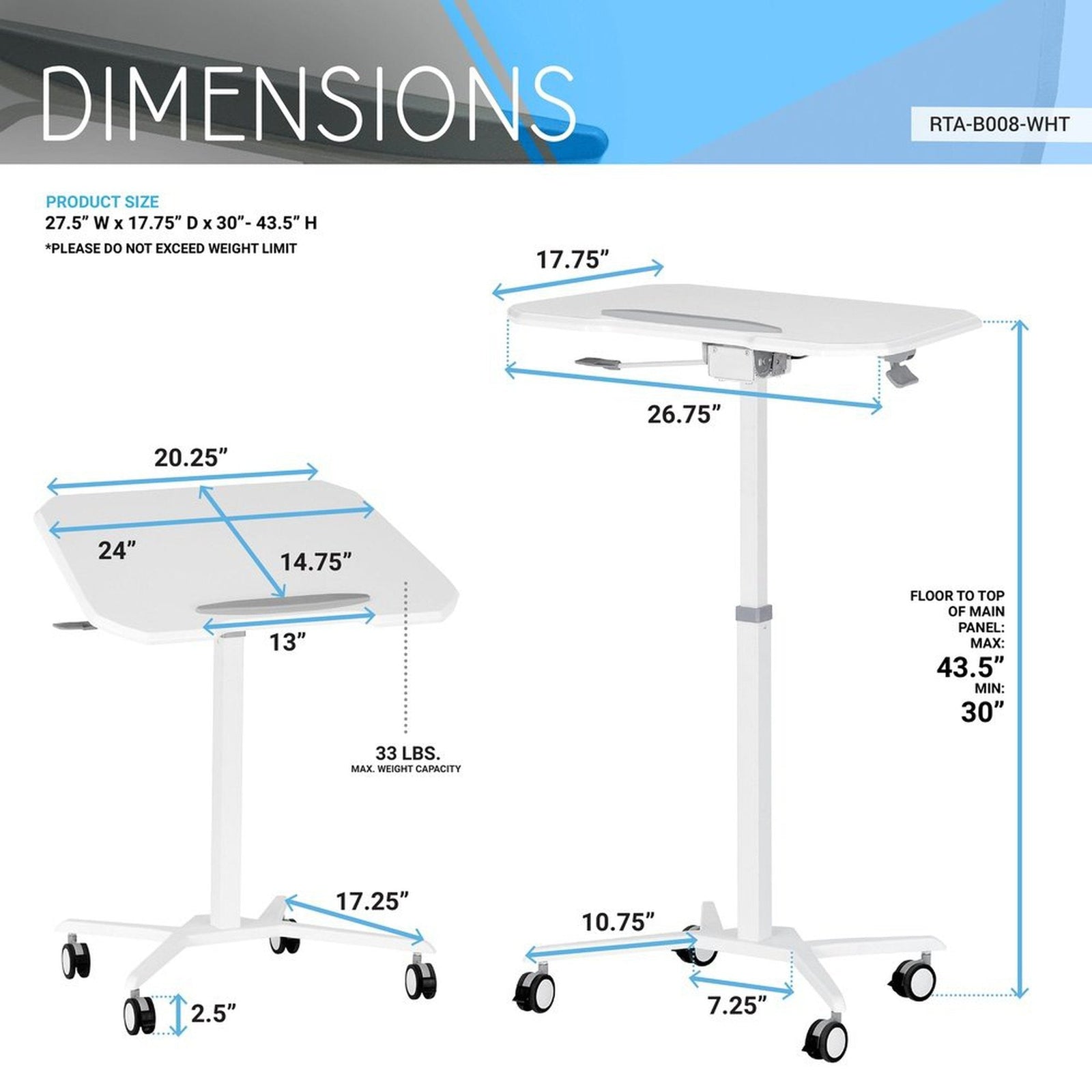 Techni Mobili White Sit to Stand Mobile Laptop Computer Stand with Height Adjustable and Tiltable Tabletop by Level Up Desks