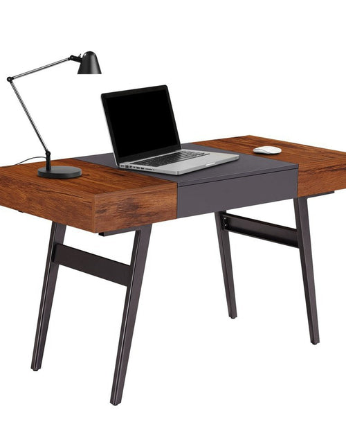 Load image into Gallery viewer, Techni Mobili Writing Desk - Dual Side &amp; Pull-Out Front Drawer - Coated Grey Steel Frame - Mahogany by Level Up Desks
