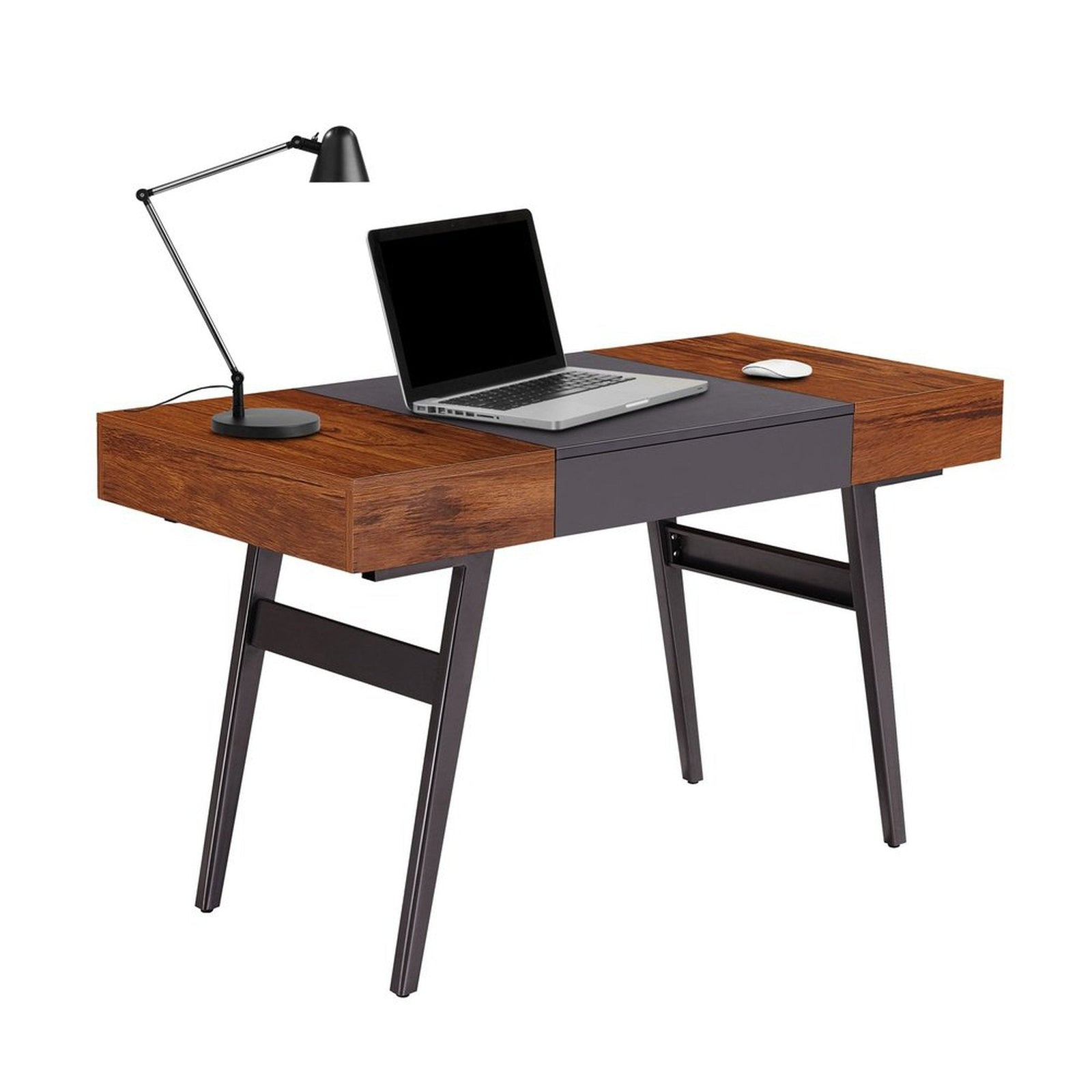 Techni Mobili Writing Desk - Dual Side & Pull-Out Front Drawer - Coated Grey Steel Frame - Mahogany by Level Up Desks
