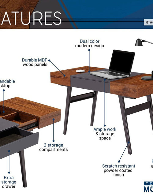 Load image into Gallery viewer, Techni Mobili Writing Desk - Dual Side &amp; Pull-Out Front Drawer - Coated Grey Steel Frame - Mahogany by Level Up Desks
