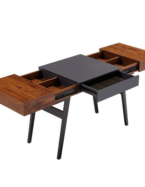 Load image into Gallery viewer, Techni Mobili Writing Desk - Dual Side &amp; Pull-Out Front Drawer - Coated Grey Steel Frame - Mahogany by Level Up Desks
