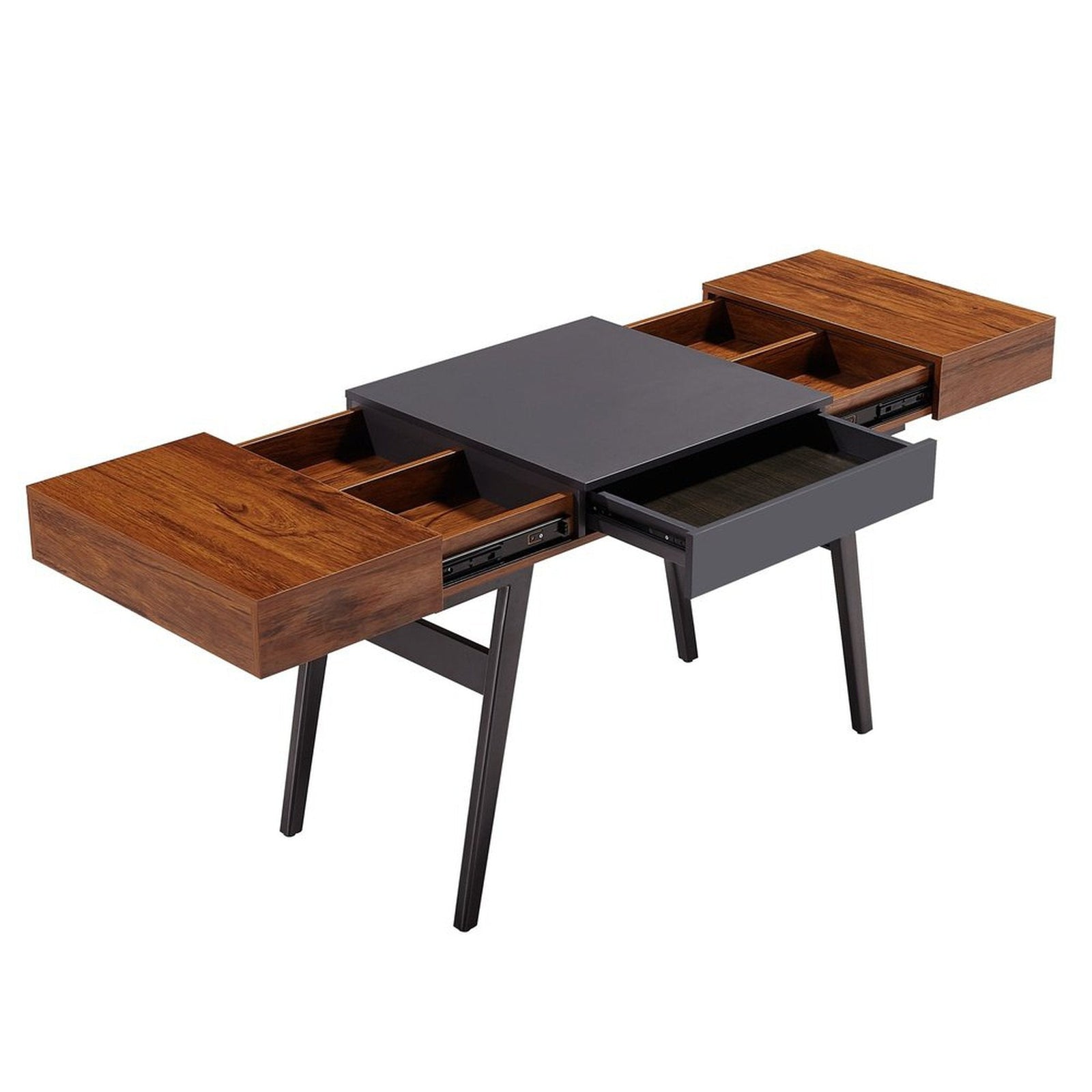 Techni Mobili Writing Desk - Dual Side & Pull-Out Front Drawer - Coated Grey Steel Frame - Mahogany by Level Up Desks