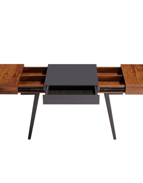 Load image into Gallery viewer, Techni Mobili Writing Desk - Dual Side &amp; Pull-Out Front Drawer - Coated Grey Steel Frame - Mahogany by Level Up Desks

