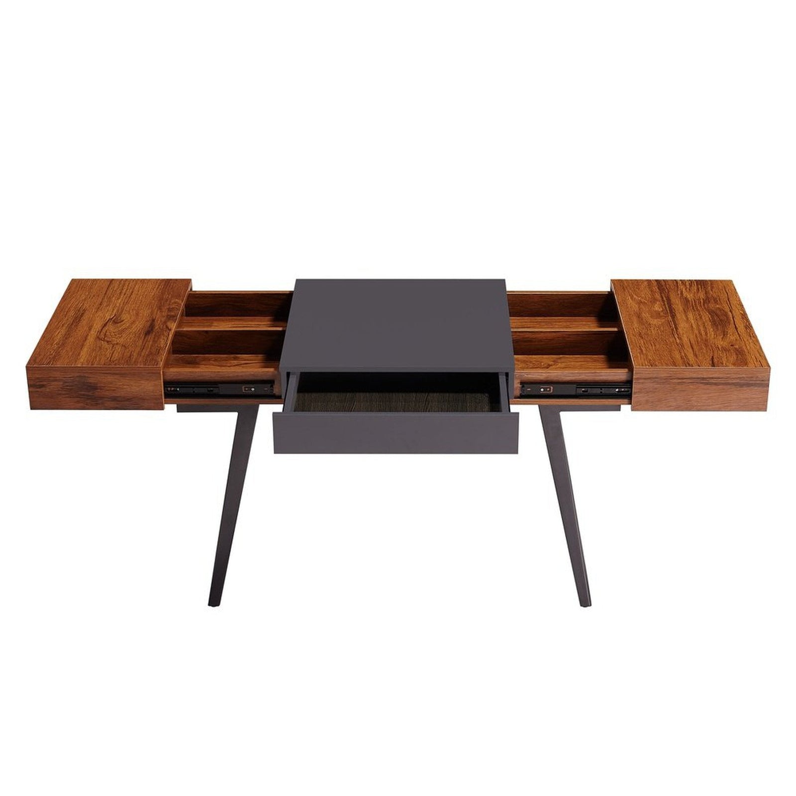 Techni Mobili Writing Desk - Dual Side & Pull-Out Front Drawer - Coated Grey Steel Frame - Mahogany by Level Up Desks