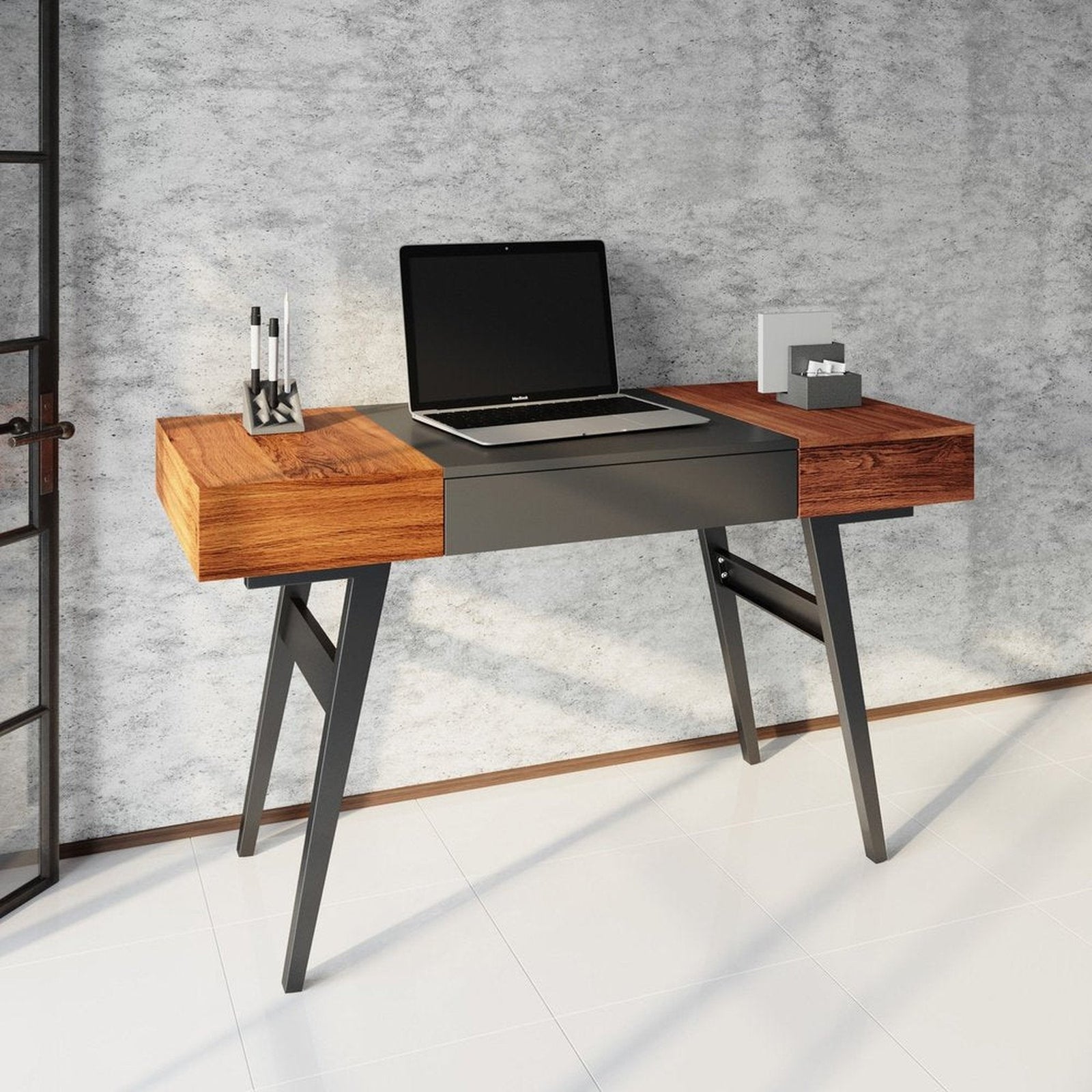 Techni Mobili Writing Desk - Dual Side & Pull-Out Front Drawer - Coated Grey Steel Frame - Mahogany by Level Up Desks